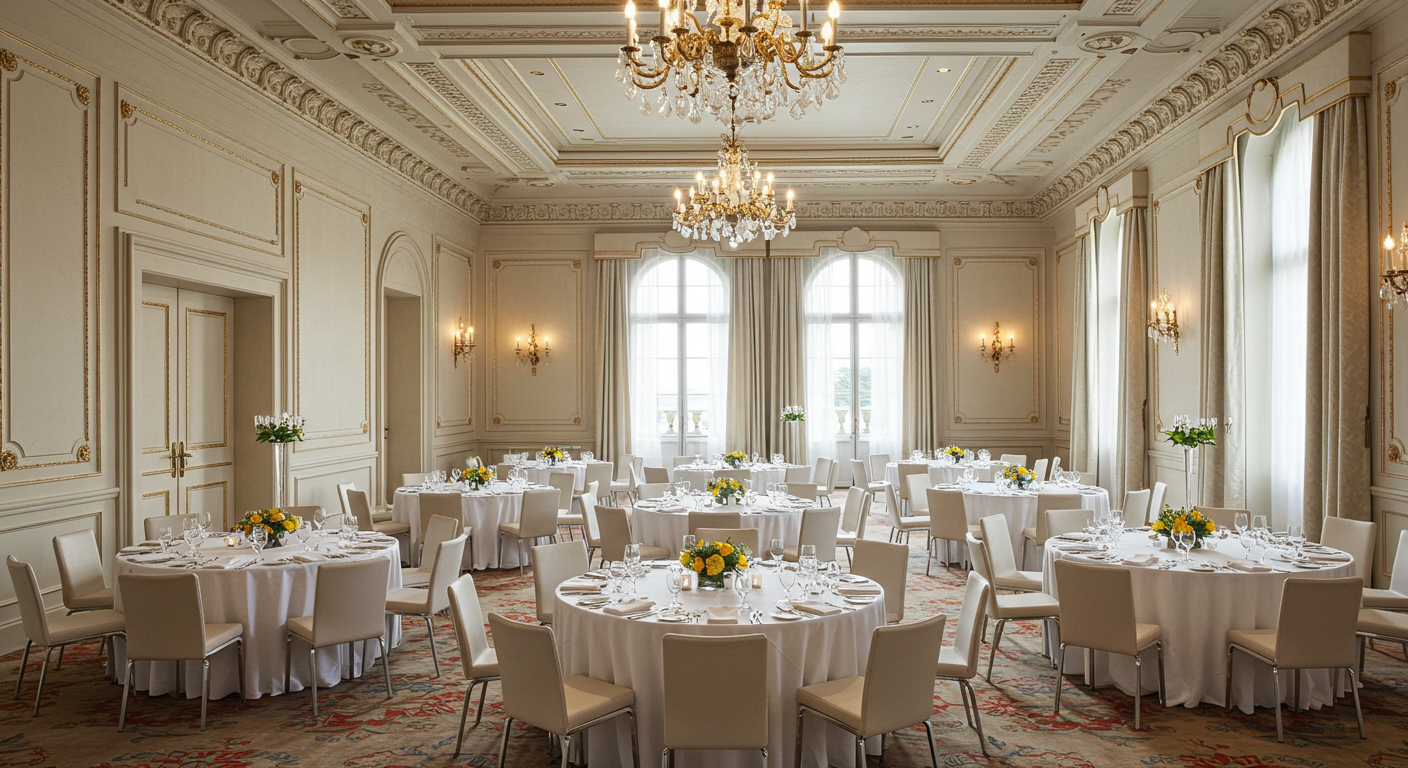 ホテルの宴会場にテーブルを設置した例