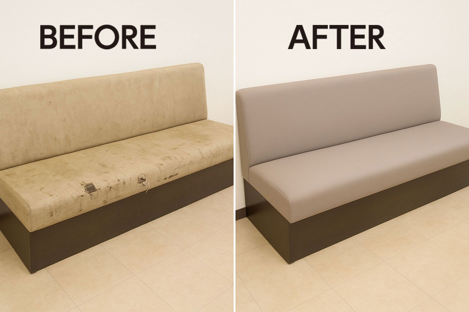 ロビーチェアのクッションカバーの張り替えのビフォアーアフター画像