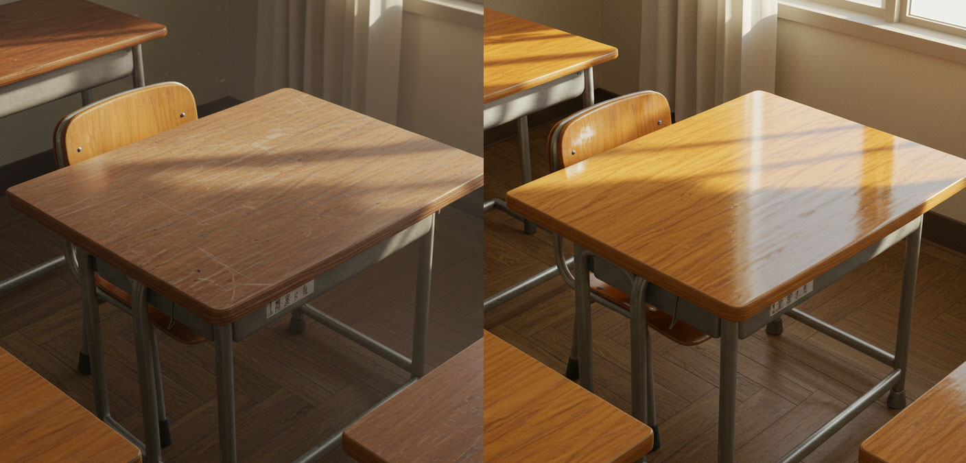 学校のテーブルの天板を古いものから新しいものへ交換した画像